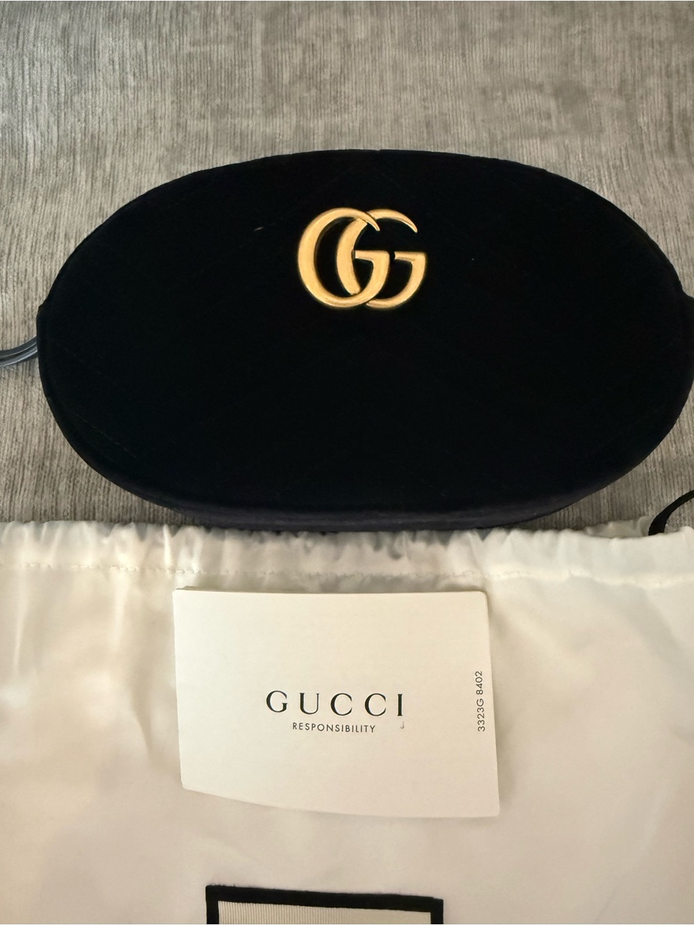 MINT Gucci Black Velvet GG Marmont Belt Bag - Gold Logo